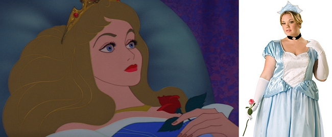 Still from Disney's ''Sleeping Beauty'' alongside an image of Kelsey modelling for California Costumes/Costume Craze, Hallowe'en 2008